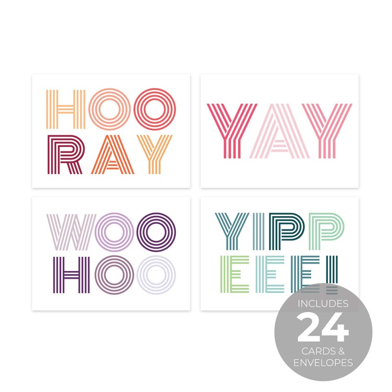 Canopy Street Yay Yippee Woohoo Congratulatory Note Cards / 24 All Occasion Blank Celebration Greeting Cards / 4 Festive Designs / 3 1/2" x 4 7/8" Congrats Graduation Celebration Event Cards - Image 1